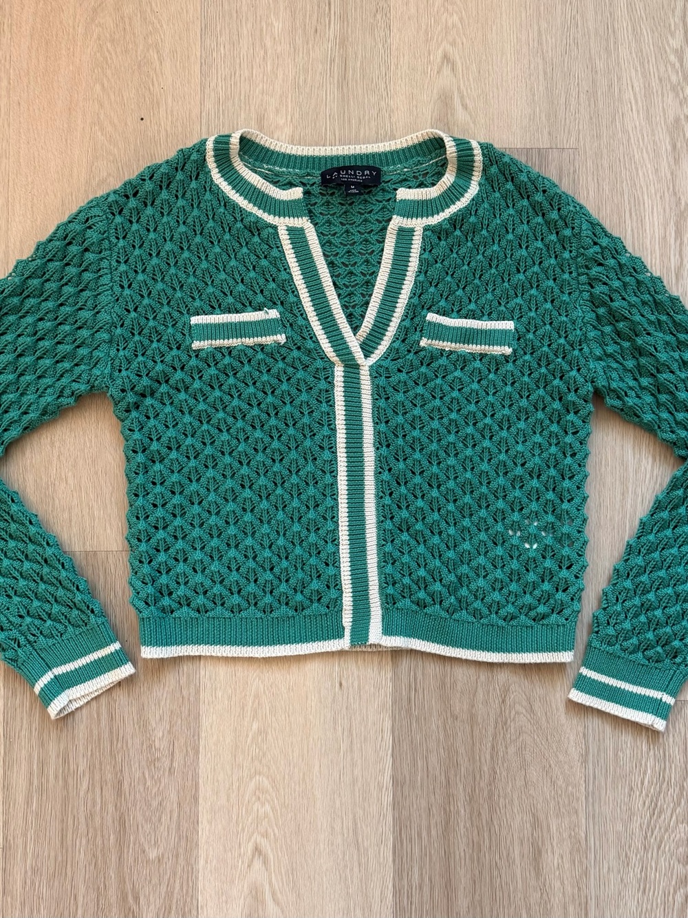 Laundry by Shelli Segal Emerald Open-Knit Cardigan with Cream Trim